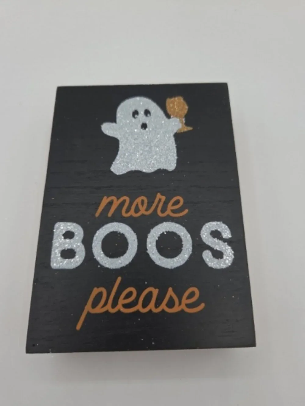 Halloween More Boos Please Wood Block Sign Ghost Glitter Shelf Decor